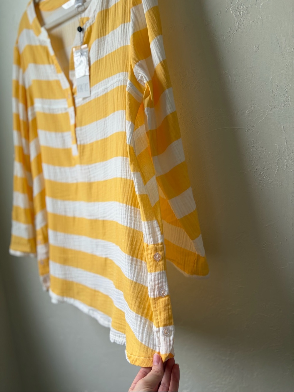 Kaktus Yellow White Stripe Cotton Gauze Henley Tunic Top NWT L - Picture 7 of 10